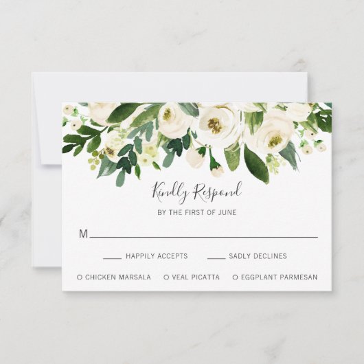 Elegante White Floral Wedding RSVP Karte (Vorderseite)