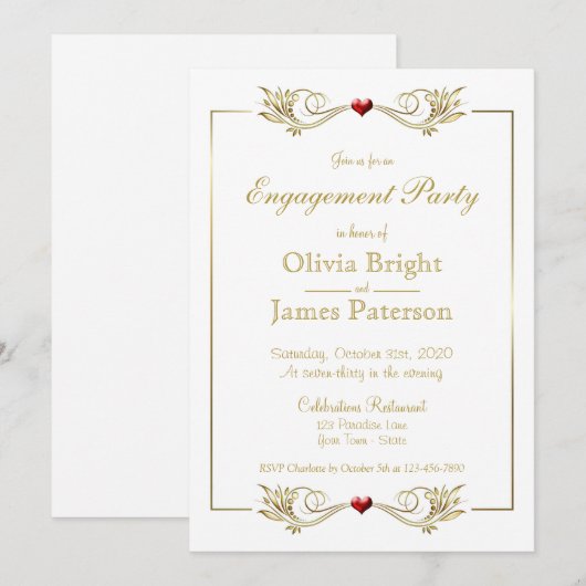 Elegante White-Frame Heart Engagement Party Einladung (Vorne/Hinten)