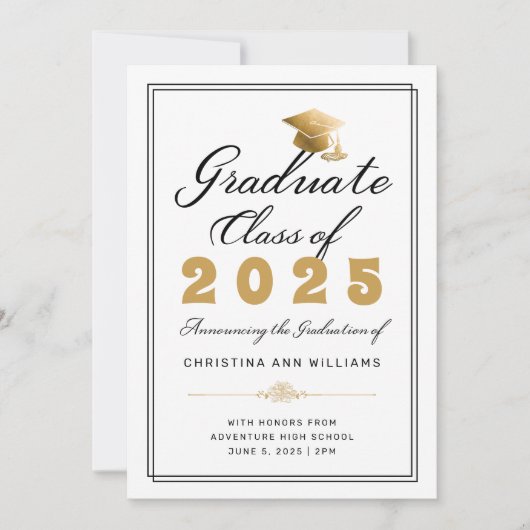Elegante White Gold Black Graduate Class 2025 Ankündigung (Vorderseite)