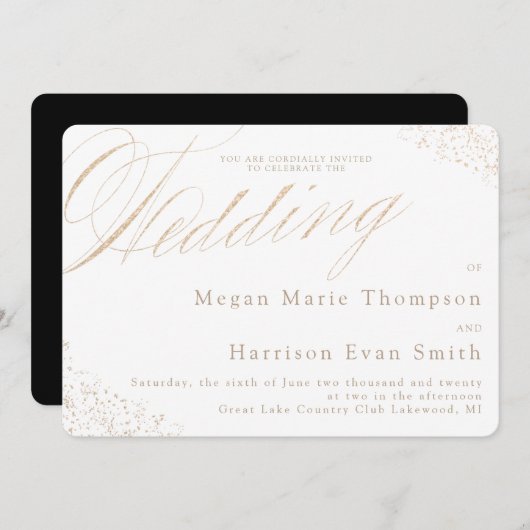 Elegante White Gold Calligraphy Wedding Einladung (Vorne/Hinten)