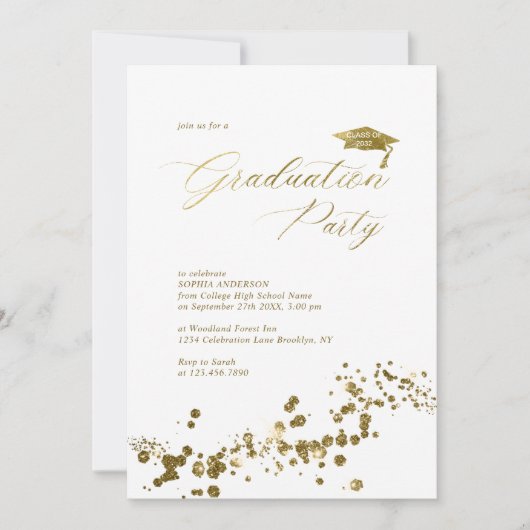 Elegante White Gold Dust Confetti Graduation Party Einladung (Vorderseite)