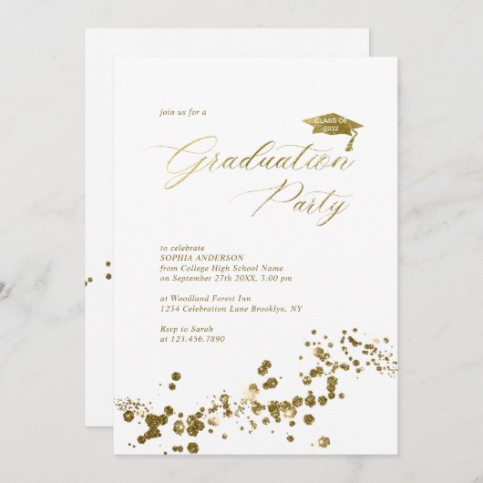 Elegante White Gold Dust Confetti Graduation Party Einladung (Vorne/Hinten)