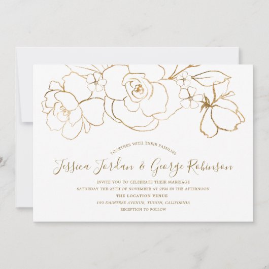 Elegante White & Gold Floral Moderne Hochzeit Einladung (Vorderseite)