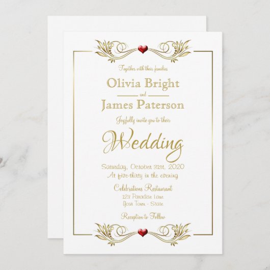 Elegante White Gold Frame Red Heart Wedding Einladung (Vorne/Hinten)