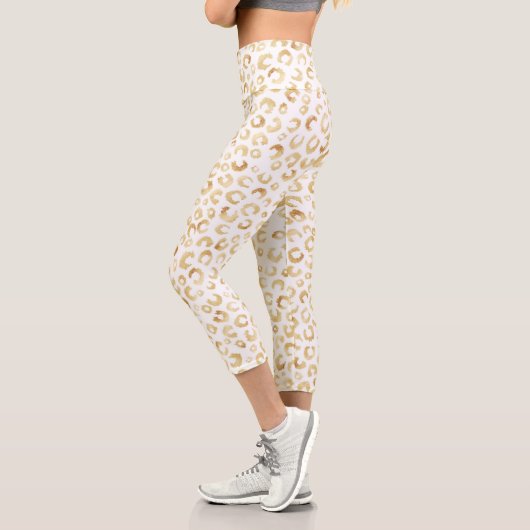 Elegante White Gold Glitzer Leopard Animal Print Capri Leggings (Links)