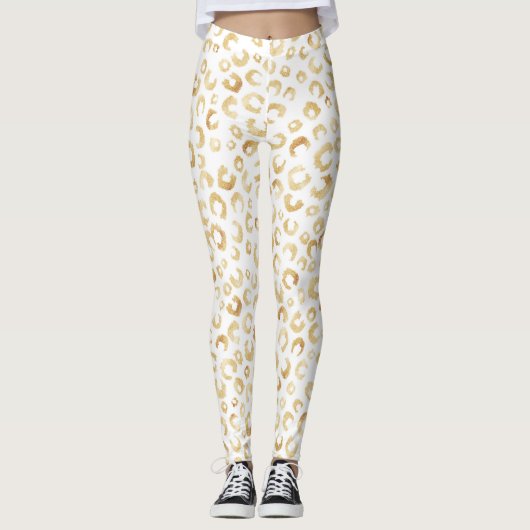 Elegante White Gold Glitzer Leopard Animal Print Leggings (Vorderseite)