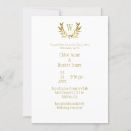 Elegante White Gold Leaf Chic Monogram Wedding Einladung