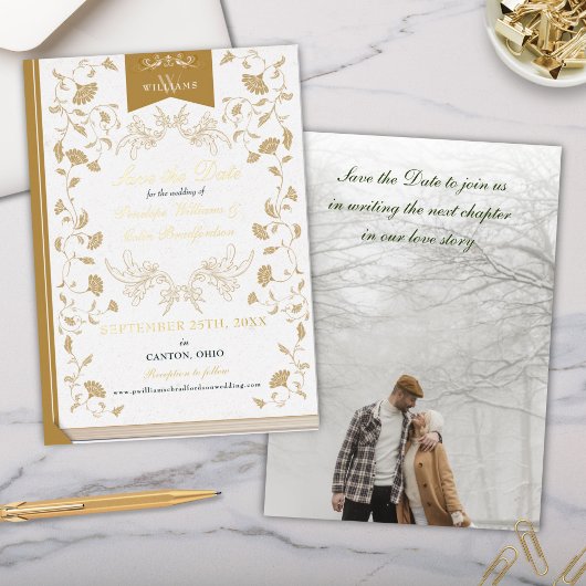 Elegante White Gold Library Wedding Save the Date Folieneinladung