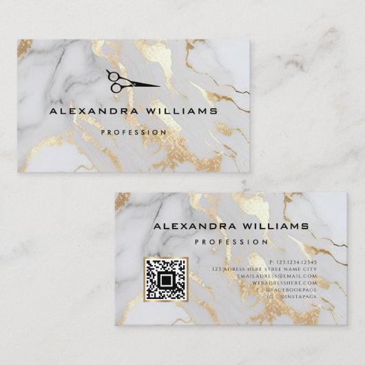 Elegante White Gold Marmor QR Code Scissor Modern Visitenkarte (Vorne/Hinten)