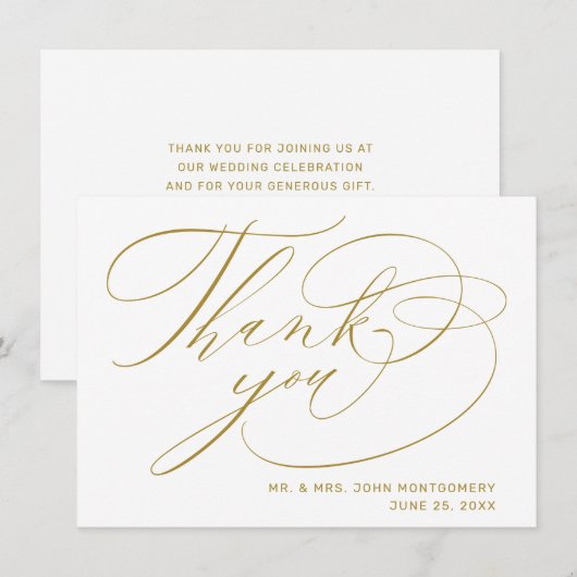 Elegante White Gold Moderne Script Hochzeit Dankeskarte (Vorne/Hinten)