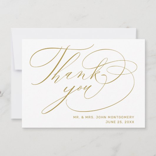 Elegante White Gold Moderne Script Hochzeit Dankeskarte (Vorderseite)