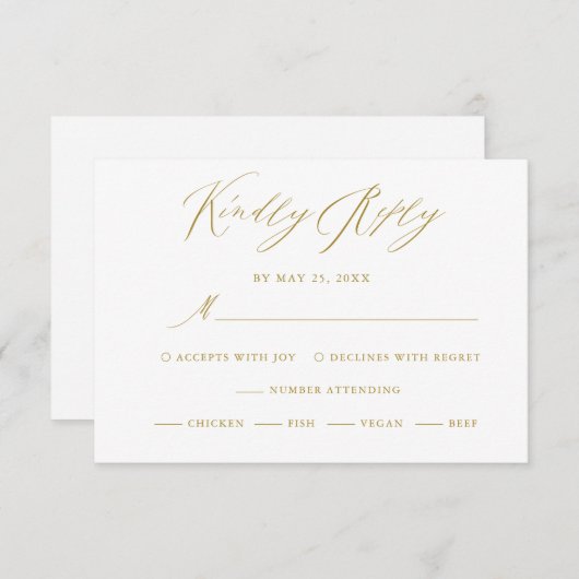 Elegante White Gold Moderne Script Wedding RSVP Ca (Vorne/Hinten)