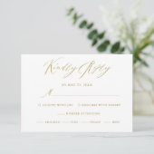 Elegante White Gold Moderne Script Wedding RSVP Ca Karte (Stehend Vorderseite)