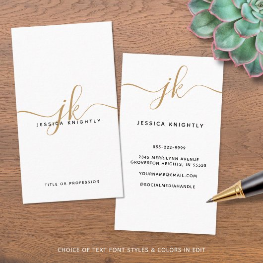 Elegante White Gold Monogram Script Initials Visitenkarte