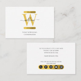 Elegante White & Gold Monogram Social Media Icons Visitenkarte
