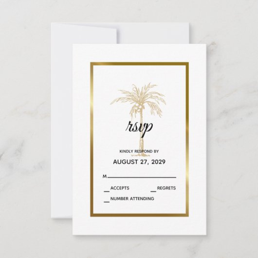 Elegante White Gold Palm Tree Moderne Hochzeit RSVP Karte (Vorderseite)