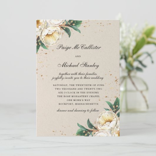 Elegante White Gold Rose Blumenhochzeit Einladung (Stehend Vorderseite)