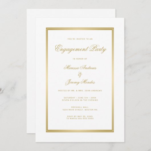 Elegante White Gold Script Engagement Party Einladung (Vorne/Hinten)