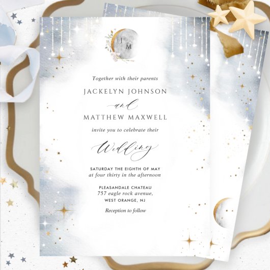 Elegante White Gold Silver Celestial Starry Weddin Einladung