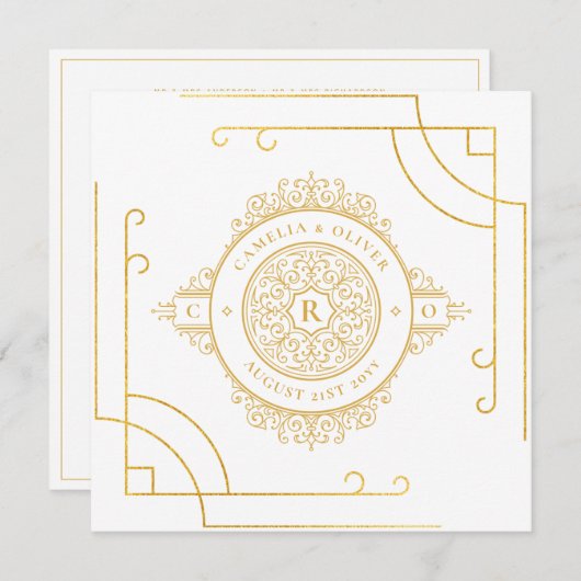 Elegante White Gold Verziert Square WEDDING Classi Einladung (Vorne/Hinten)