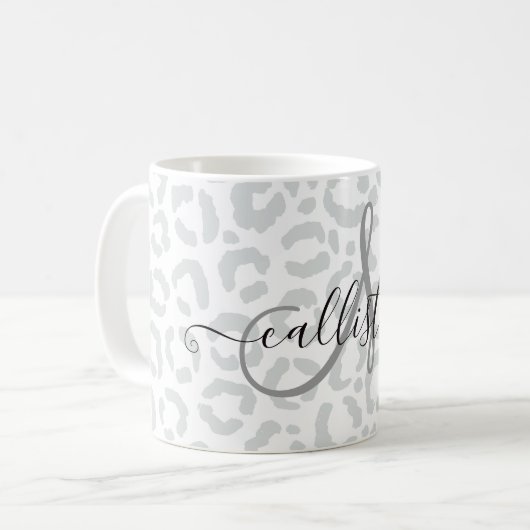 Elegante White Gray Leopard Cheetah Animal Print Kaffeetasse (Vorderseite Links)