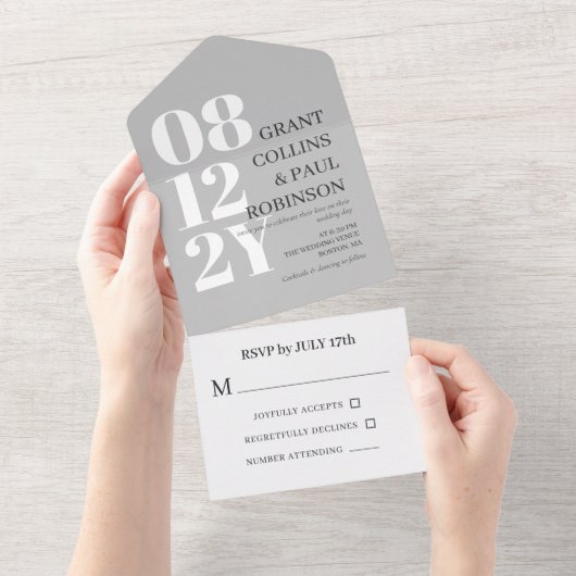 Elegante White & Gray Typografy Wedding All In One Einladung (Abreißen)