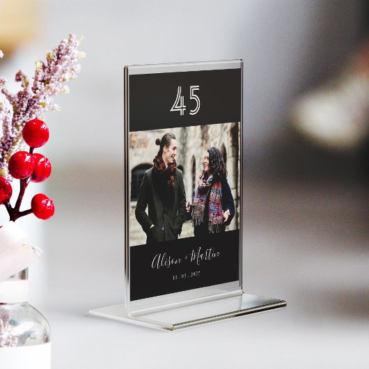 Elegante White Hand Lettered Black Foto Wedding Tischnummer