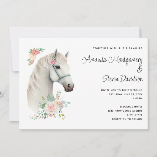 Elegante White Horse Boho Floral Wedding Einladung (Vorderseite)