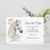 Elegante White Horse Boho Floral Wedding Save The Date (Stehend Vorderseite)