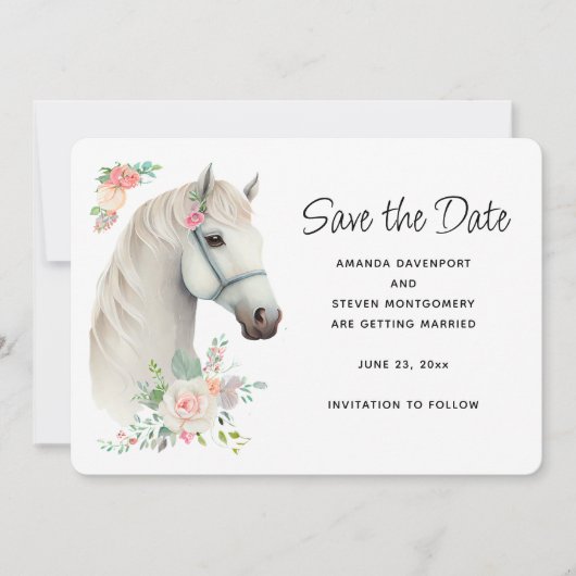 Elegante White Horse Boho Floral Wedding Save The Date (Vorderseite)