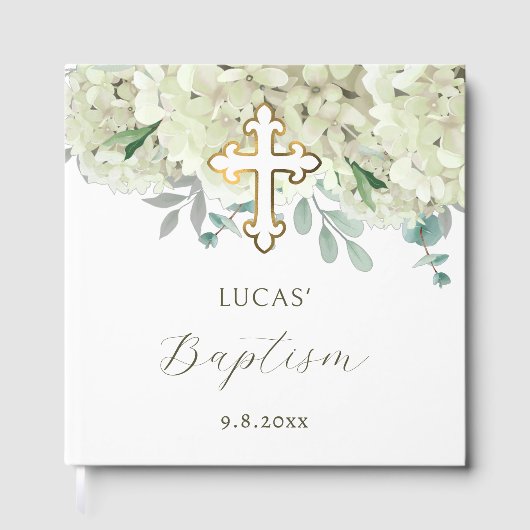 Elegante White Hydrangea Taufe Gästebuch (Vorderseite)