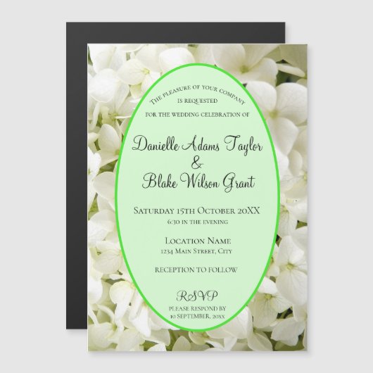 Elegante White Hydrangea Wedding Einladung Magnet (Vorne/Hinten)