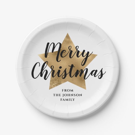 Elegante White Imitats Gold Star Frohe Weihnachten Pappteller (Vorderseite)