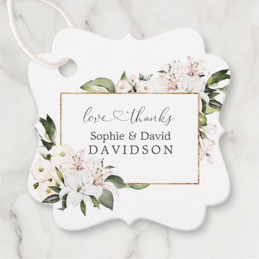 Elegante White Imperial Lilies Gold Wedding Geschenkanhänger (Vorderseite)