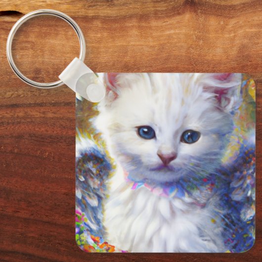 Elegante White Kitty mit Flügeln Schlüsselanhänger (Vorderseite)