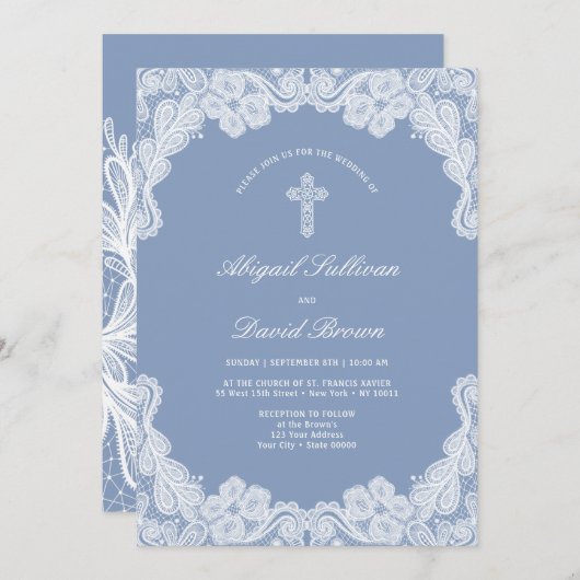 Elegante White Lace auf Blue Wedding Einladung (Vorne/Hinten)