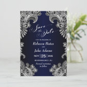 Elegante White Lace Blue Wedding Save The Date (Stehend Vorderseite)