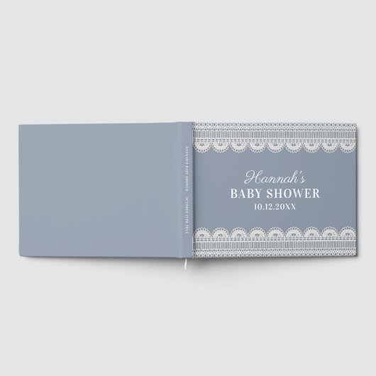 Elegante White Lace Dusty Blue Baby Dusche Gästebuch (Voll)