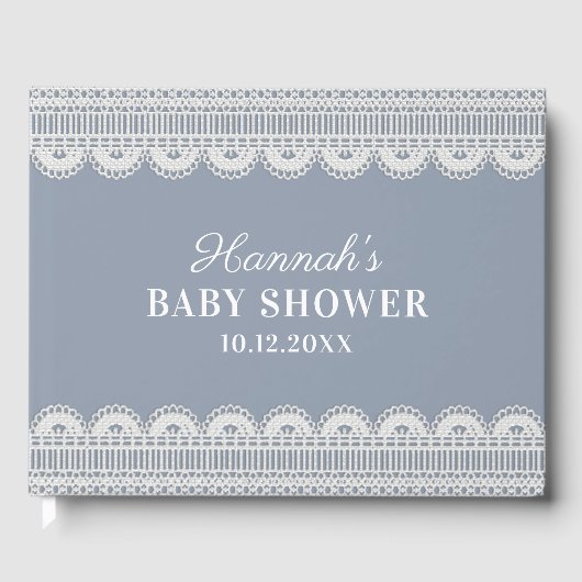 Elegante White Lace Dusty Blue Baby Dusche Gästebuch (Vorderseite)