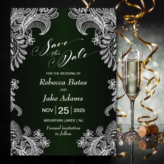 Elegante White Lace Green Wedding Save The Date