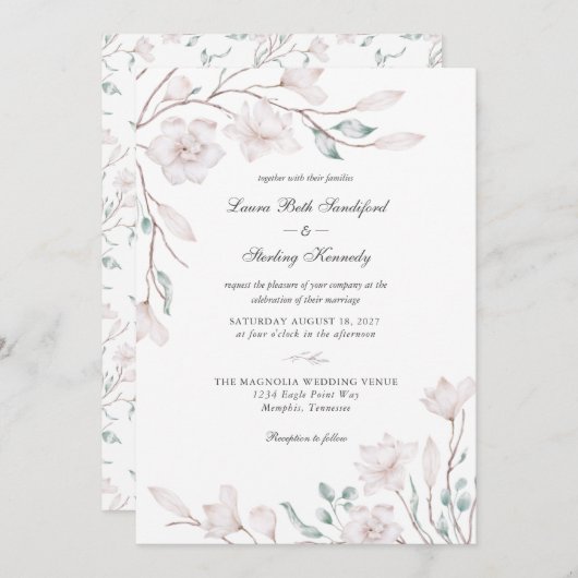Elegante White Magnolia Einladung zur Hochzeit (Vorne/Hinten)
