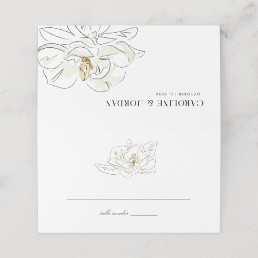 Elegante White Magnolia Illustration Hochzeit Platzkarte (Außenseite Aufgefaltet)