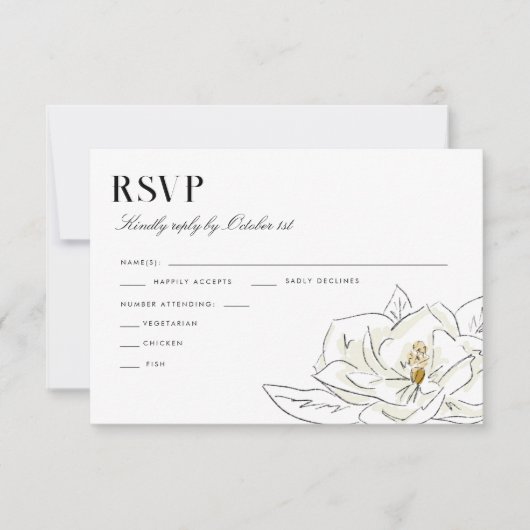Elegante White Magnolia Illustration Wedding RSVP Karte (Vorderseite)