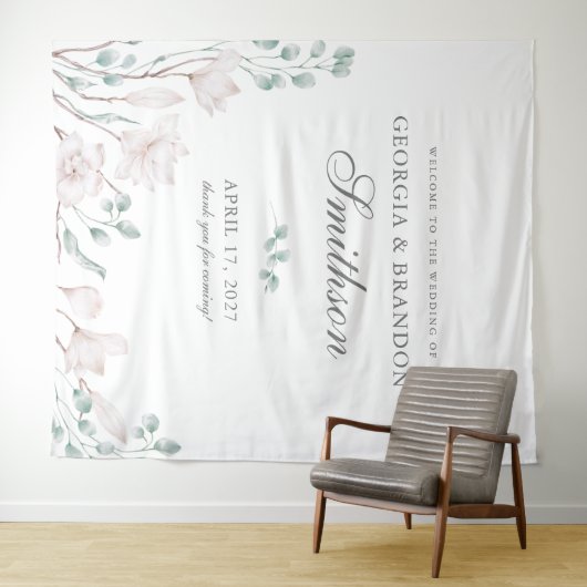 Elegante White Magnolia und Eukalyptus Wedding Wandteppich (Beispiel (Horizontal))