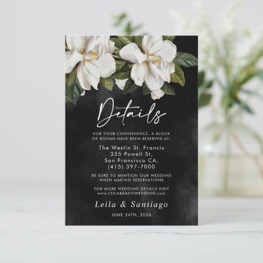 Elegante White Magnolia Wedding Details Card RSVP Karte (Stehend Vorderseite)