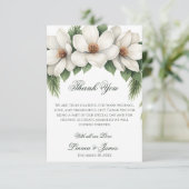 Elegante White Magnolia Winter Wedding Pine Tree Dankeskarte (Stehend Vorderseite)