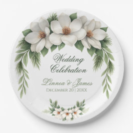 Elegante White Magnolia Winter Wedding Pine Tree Pappteller