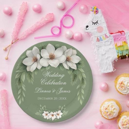 Elegante White Magnolia Winter Wedding Pine Tree Pappteller (Party)