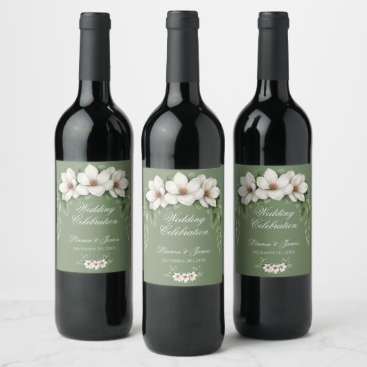 Elegante White Magnolia Winter Wedding Pine Tree Weinetikett (Flaschen)