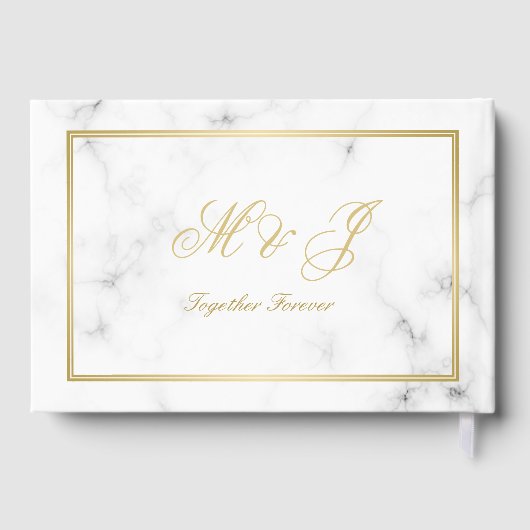 Elegante White Marble Gold Monogram Script Hochzei Gästebuch (Rückseite)
